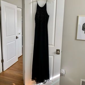 Black sequined spaghetti strap Chelsea Nites prom formal gown size 12